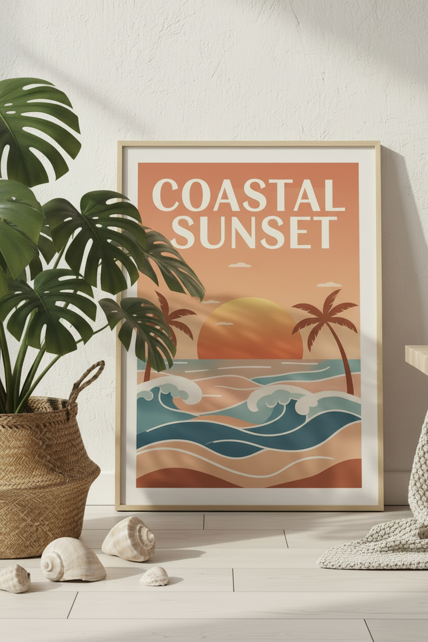 Poster Coastal Sunset illustré corail terracotta