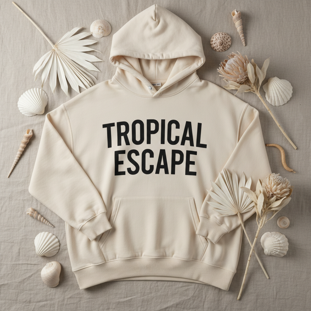 Flat lay Hoodie Tropical Escape avec coquillages fleurs tropicales