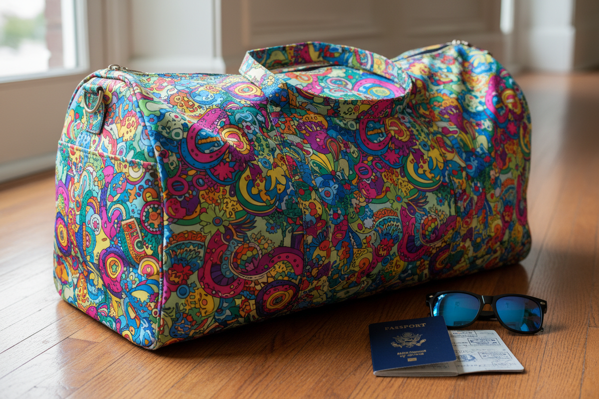 Sac de voyage imprimé all-over avec passeport et lunettes