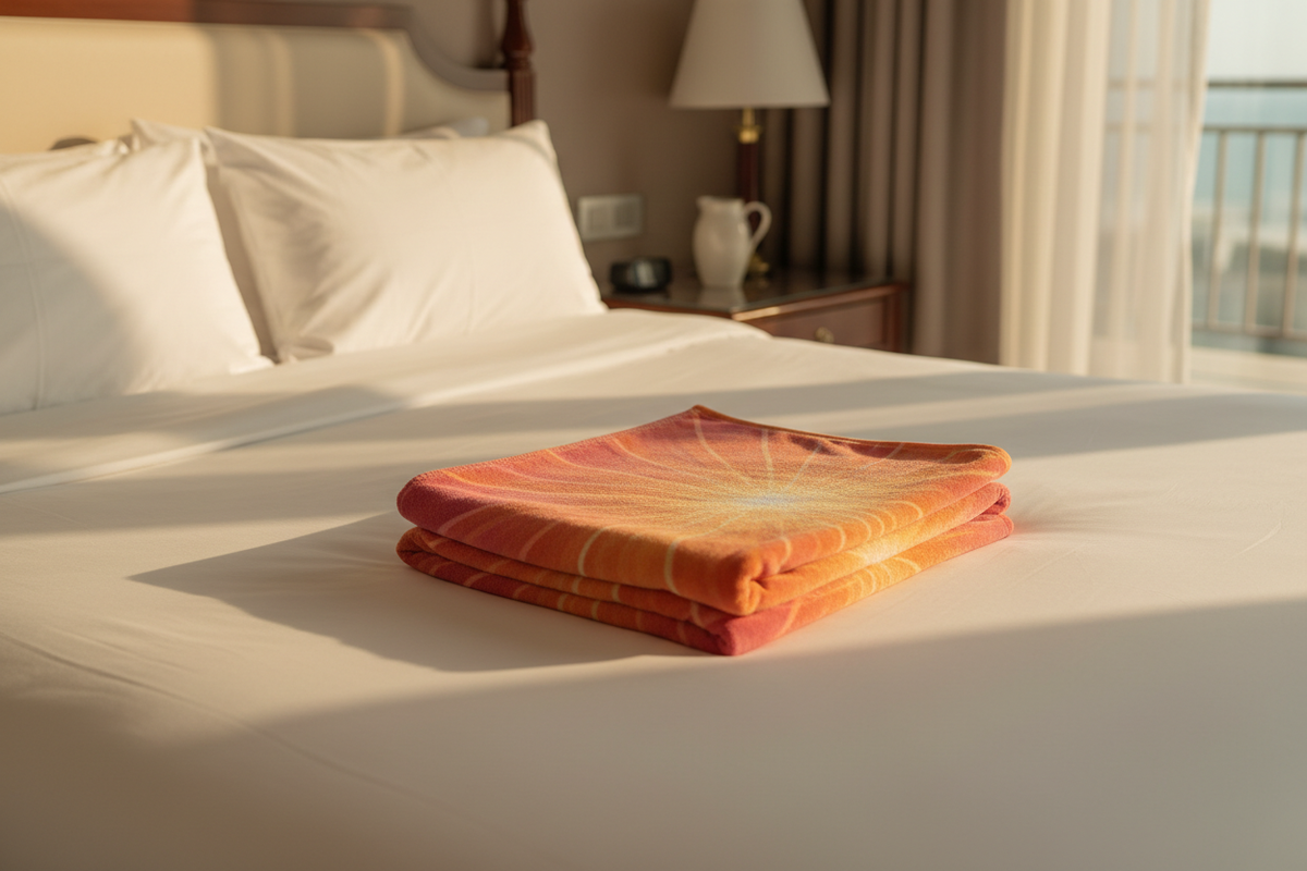 Sunset Glow Beach Towel - pliée sur lit
