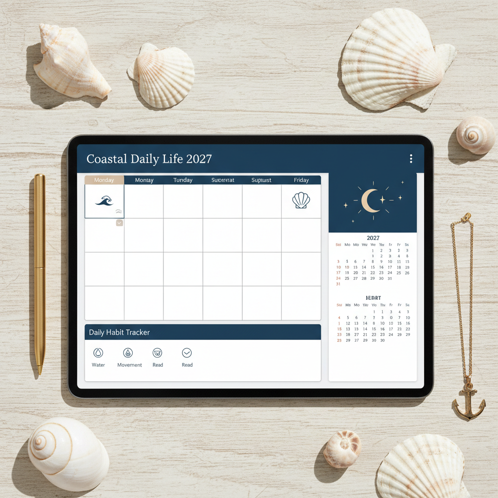 Coastal Daily Life Planner 2027 - Flat lay tablette