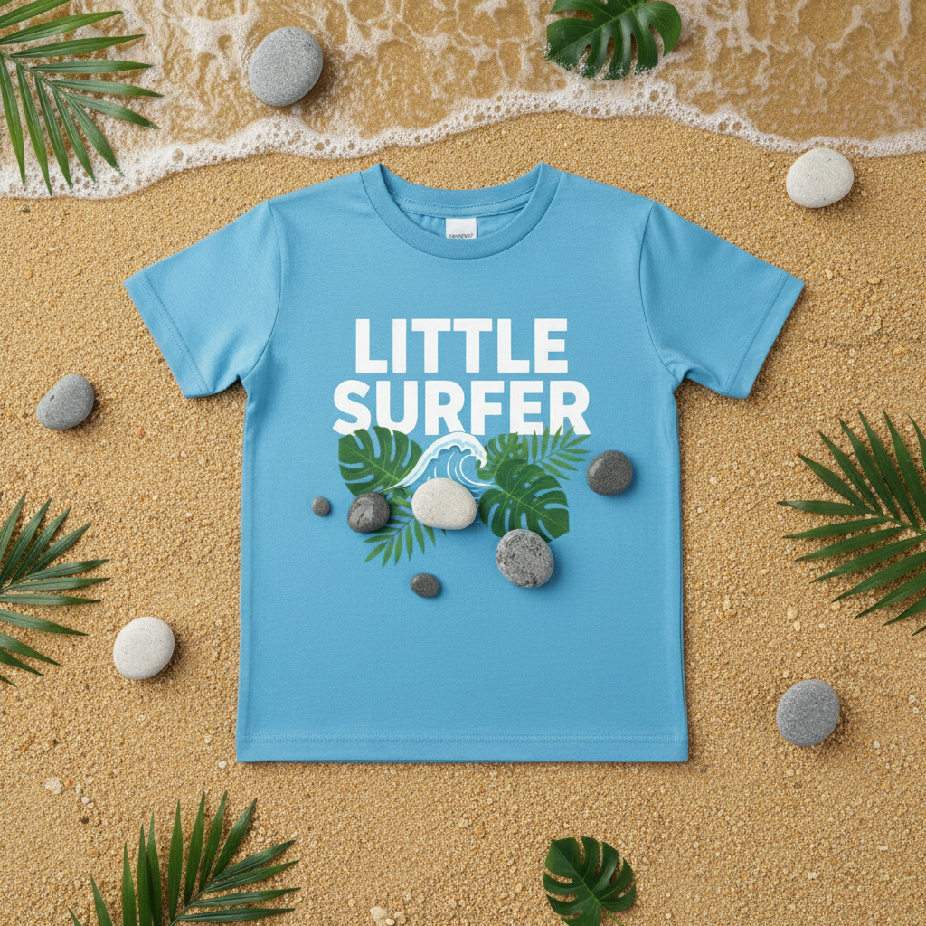 T-Shirt Little Surfer flat lay plage vagues heure dorée