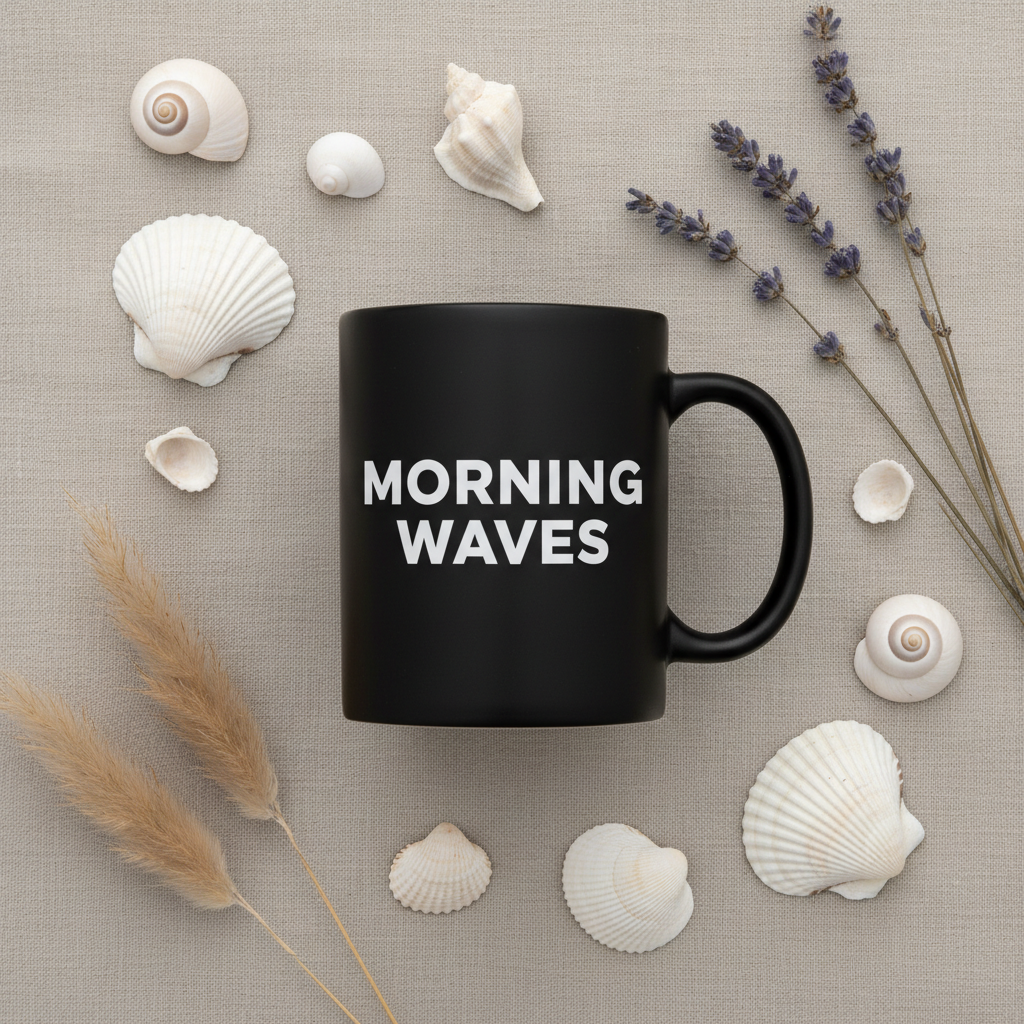 Flat lay Mug Morning Waves avec coquillages fleurs