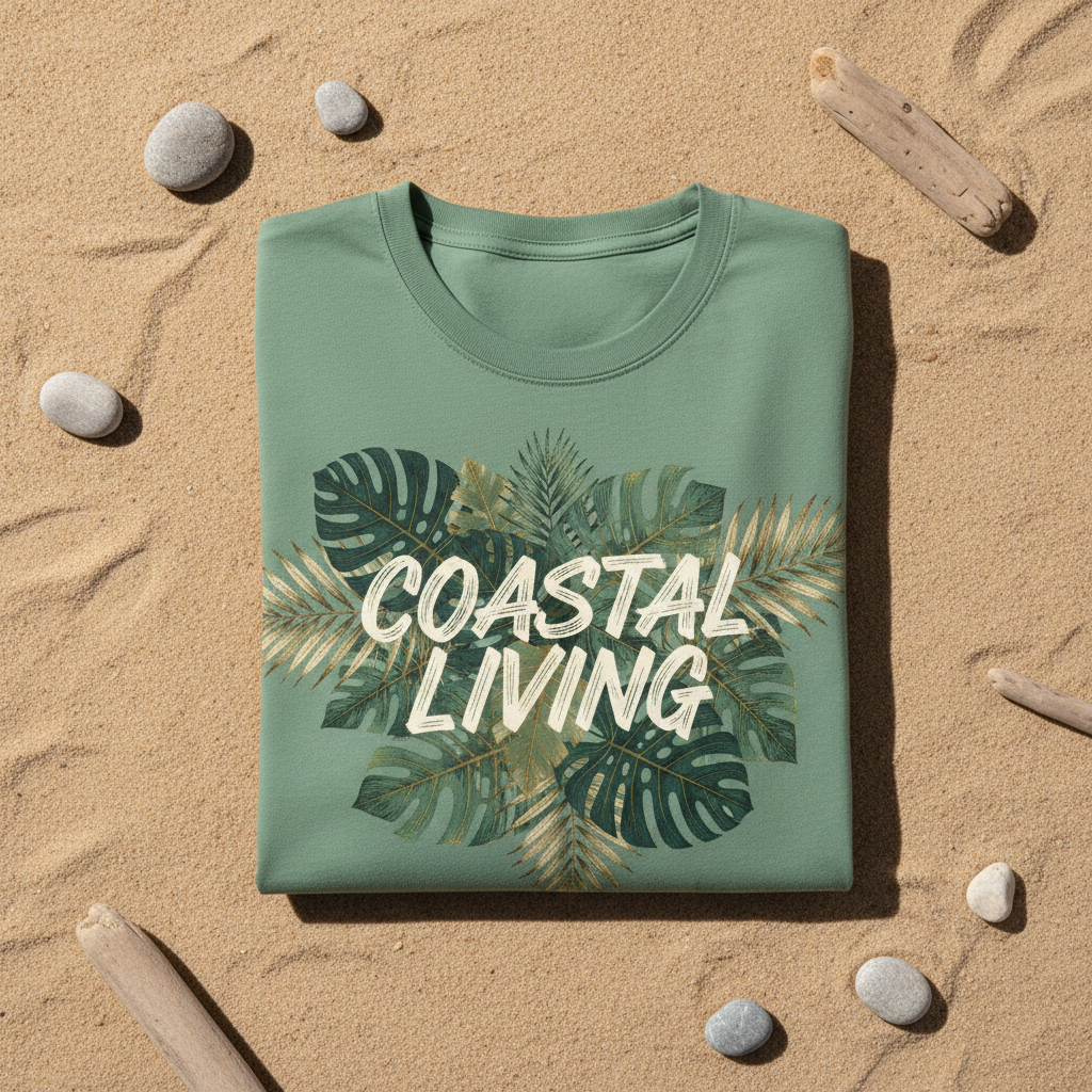 Flat lay T-Shirt Coastal Living feuilles tropicales fond sable
