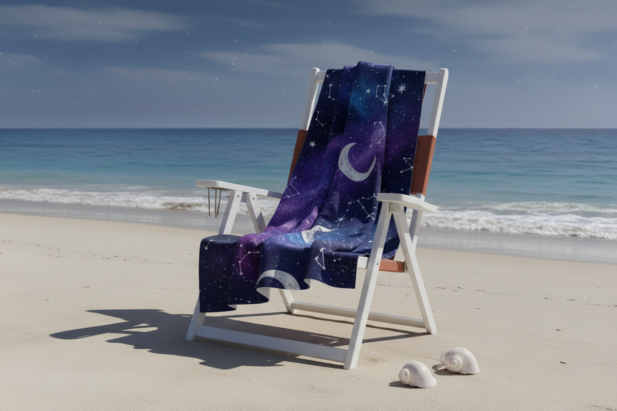 Midnight Dream Beach Towel on a luxury beach chair