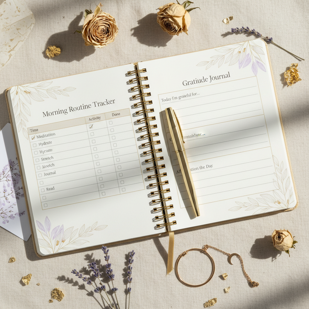Mindful Morning Planner - Pages ouvertes flat lay