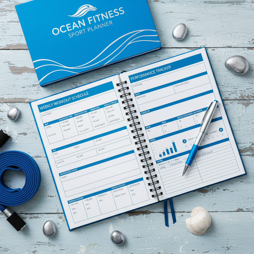 Ocean Fitness Sport Planner - Pages ouvertes flat lay