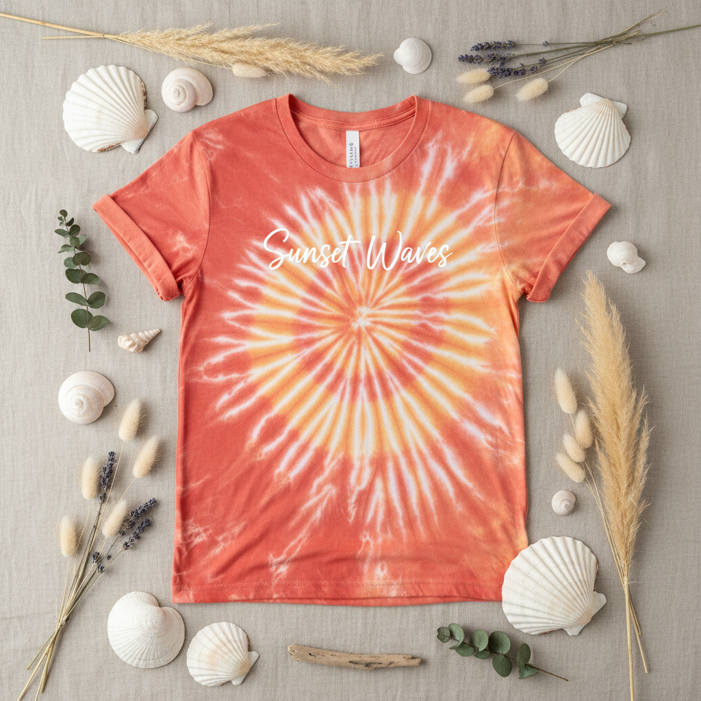 Flat lay T-Shirt Tie-Dye Sunset Waves avec coquillages
