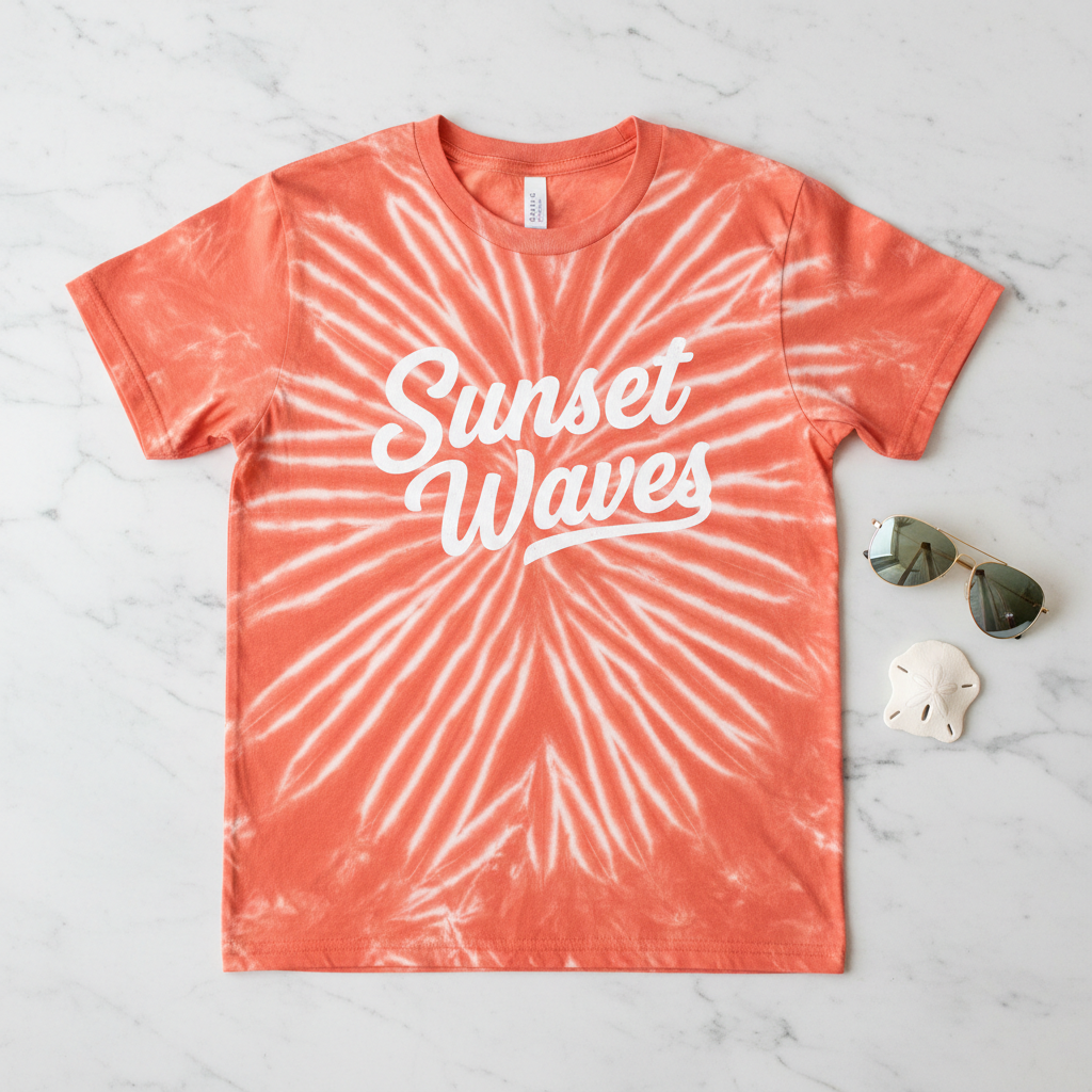 Flat lay T-Shirt Tie-Dye Sunset Waves lunettes marbre