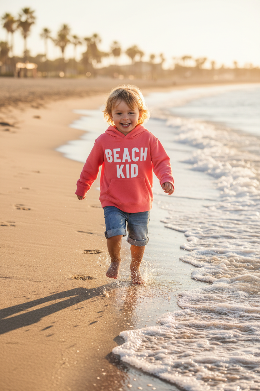 Enfant portant Hoodie Beach Kid corail plage heure dorée