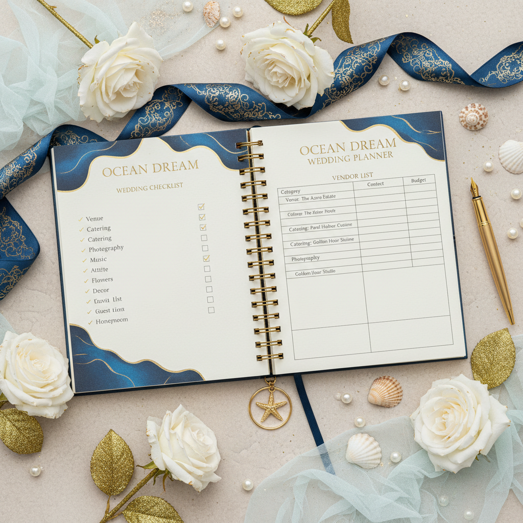 Ocean Dream Wedding Planner - Pages ouvertes flat lay