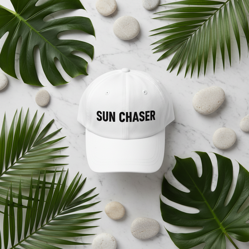 Flat lay Casquette Sun Chaser feuilles tropicales marbre