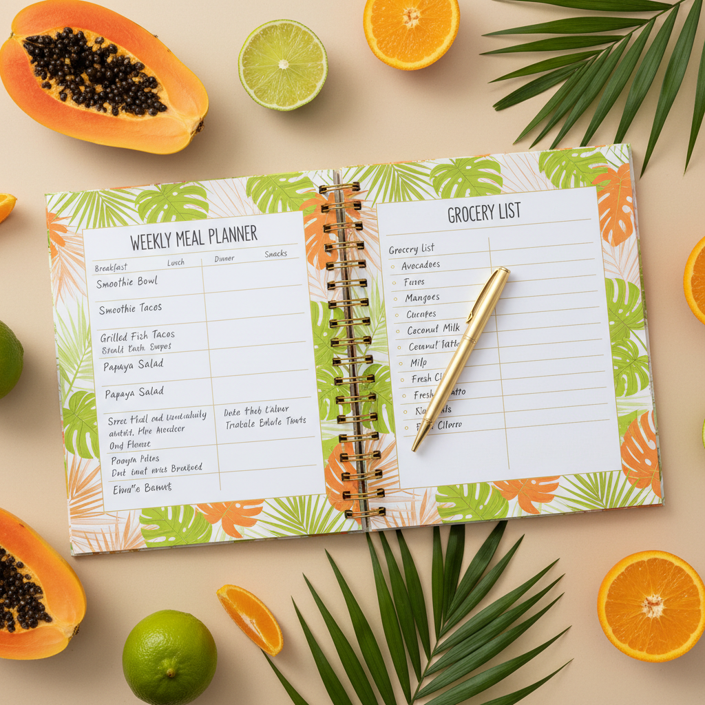Tropical Meal Nutrition Planner - Pages ouvertes flat lay