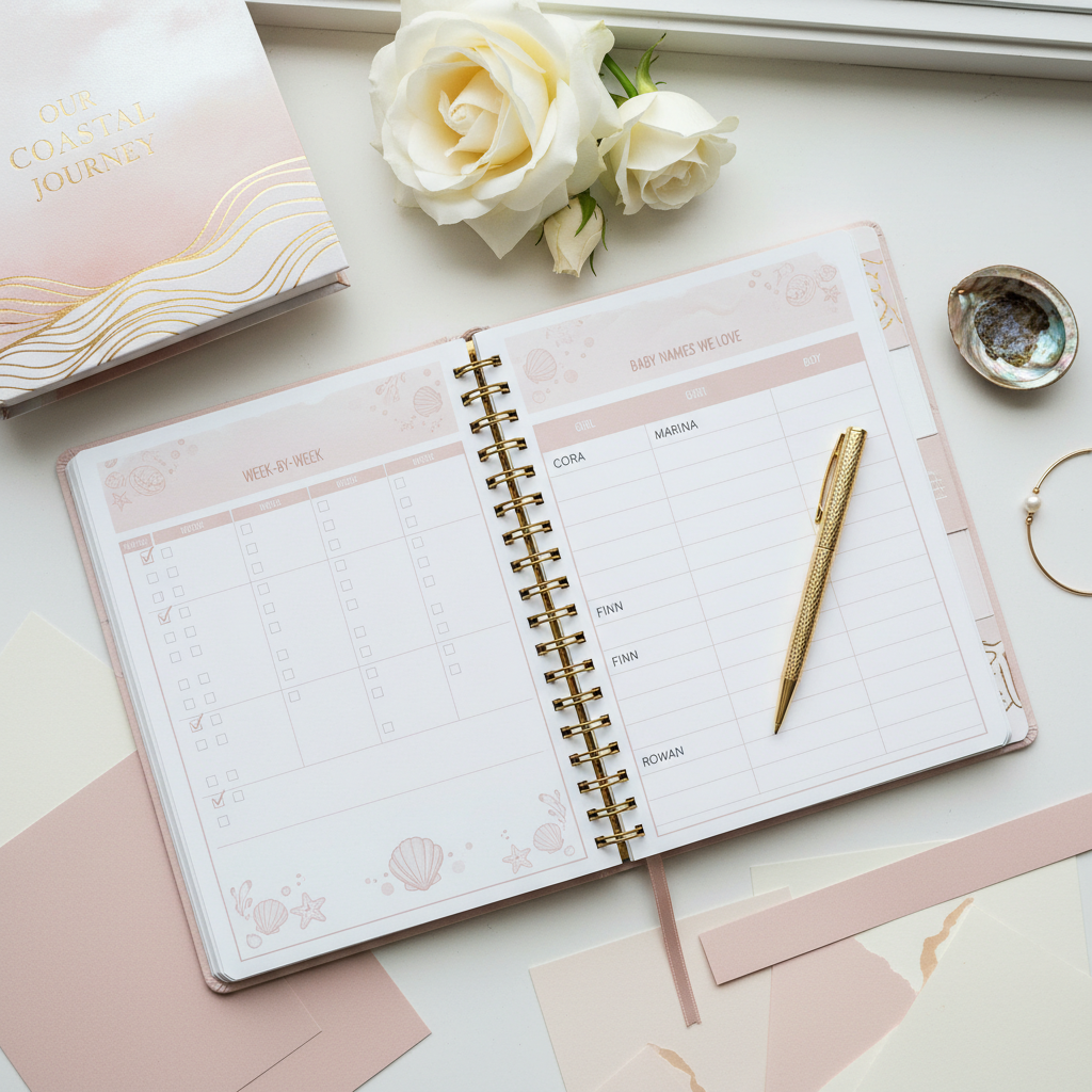 Coastal Pregnancy Motherhood Planner - Pages ouvertes flat lay