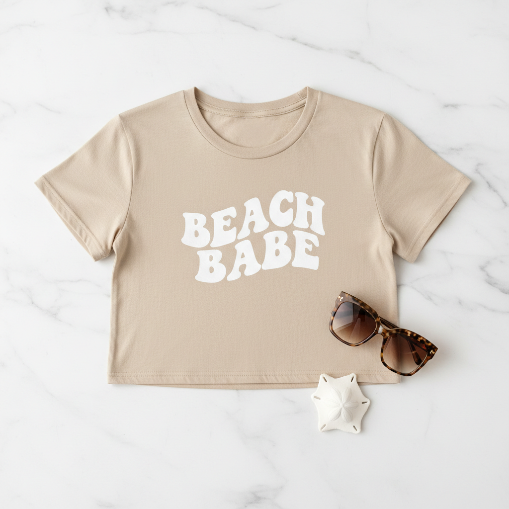 Flat lay T-Shirt Crop Beach Babe lunettes marbre