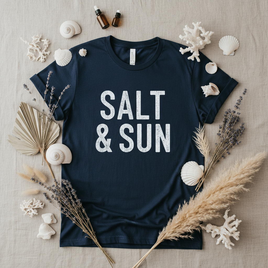 Flat lay T-Shirt Salt & Sun avec coquillages
