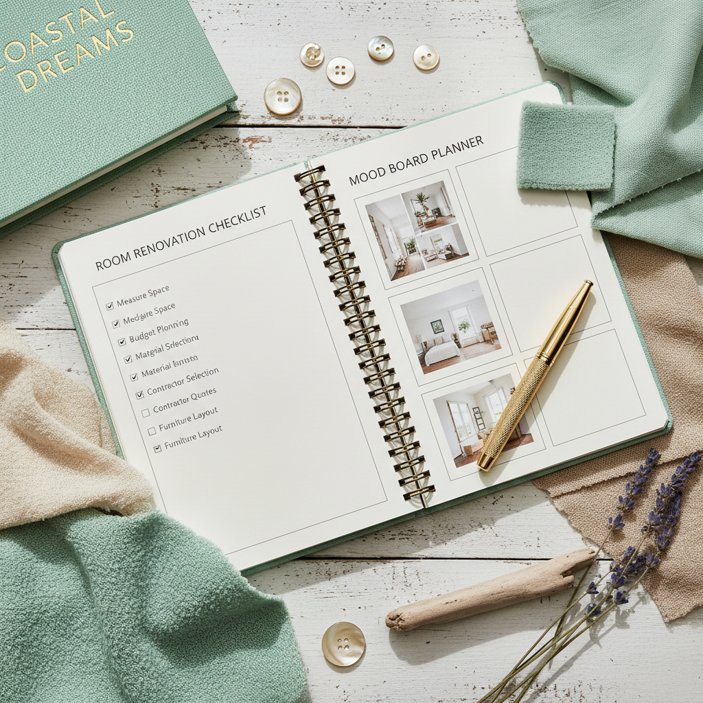 Coastal Home Interior Planner - Pages ouvertes flat lay