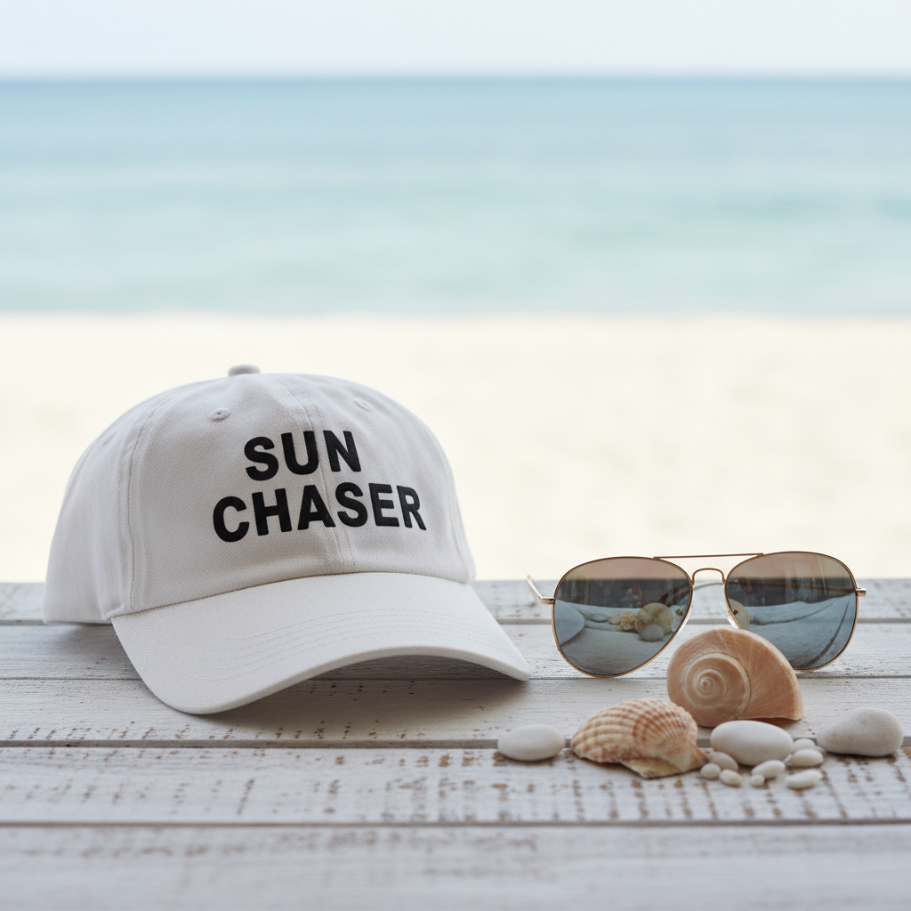 Casquette Sun Chaser posée avec lunettes et coquillages