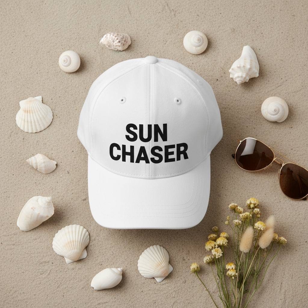 Flat lay Casquette Sun Chaser avec coquillages lunettes
