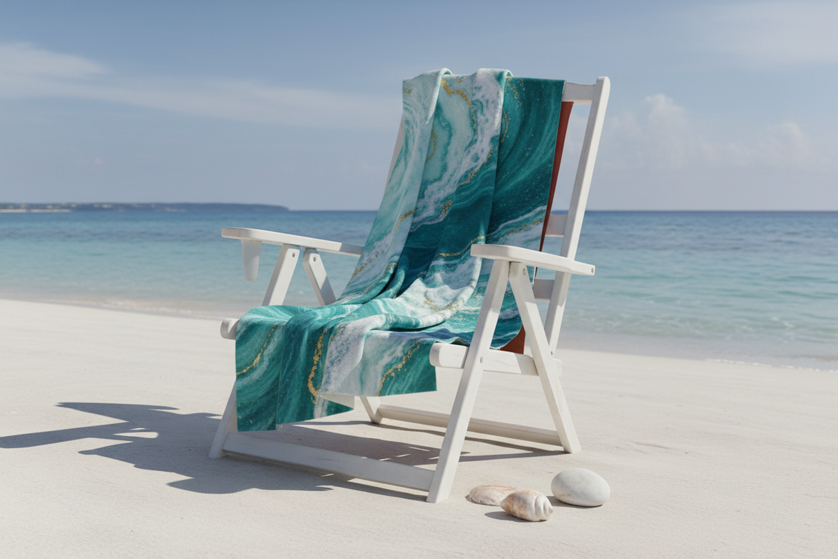 Ocean Breeze Beach Towel on a luxury beach chair