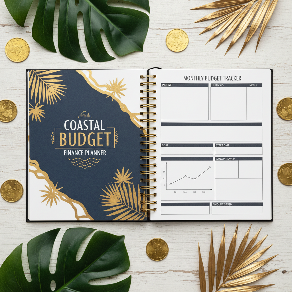 Coastal Budget Finance Planner - Pages ouvertes flat lay