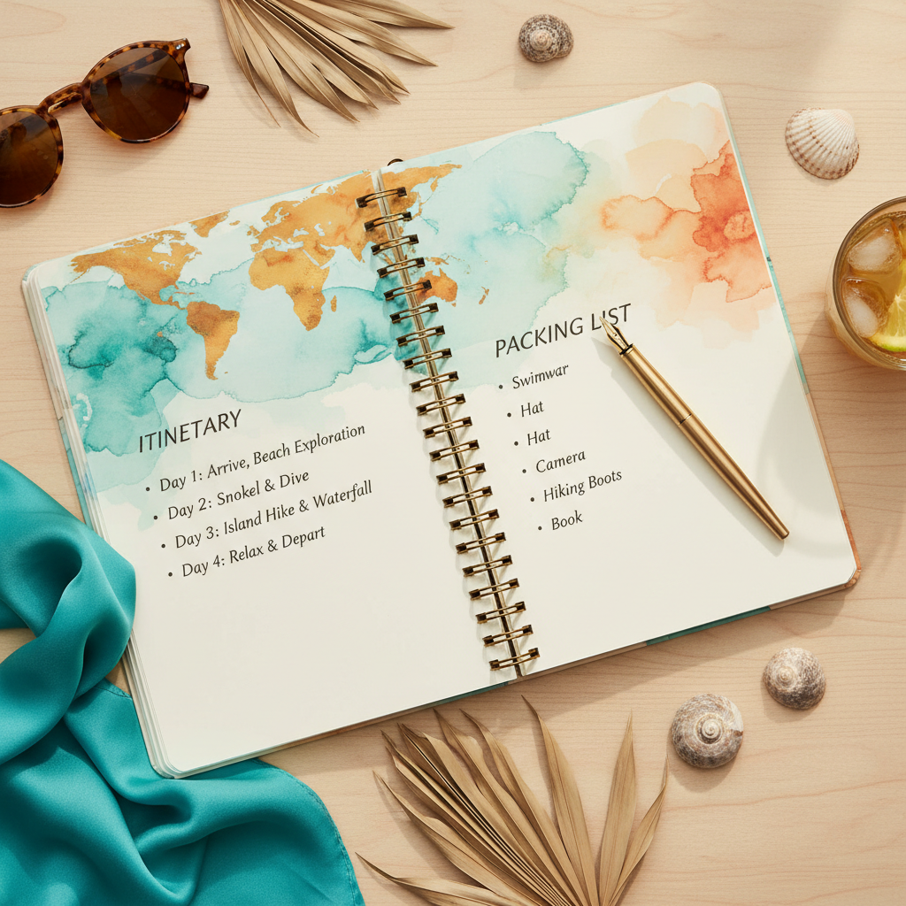 Tropical Travel Adventure Planner - Pages ouvertes flat lay