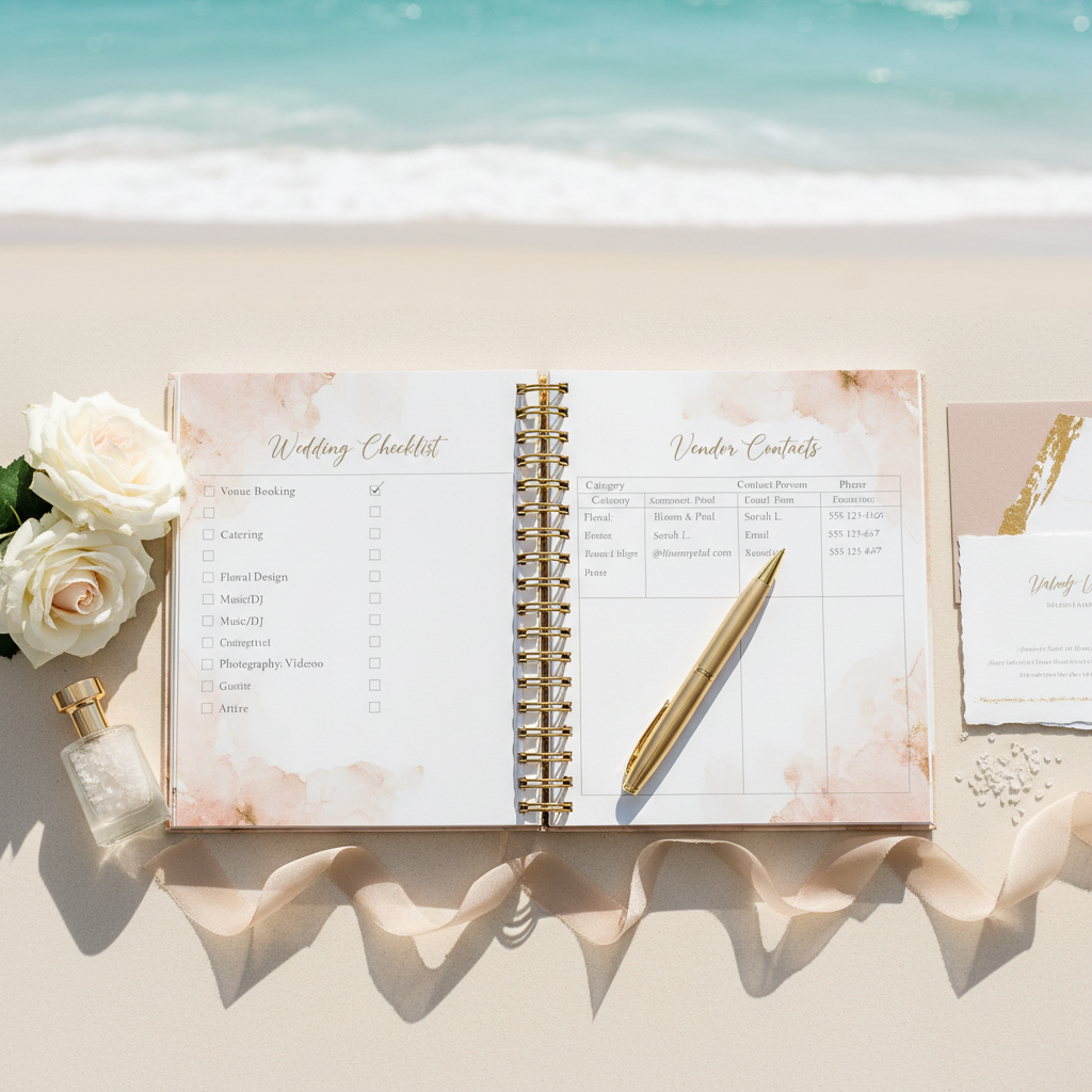 Beach Wedding Event Planner - Pages ouvertes flat lay