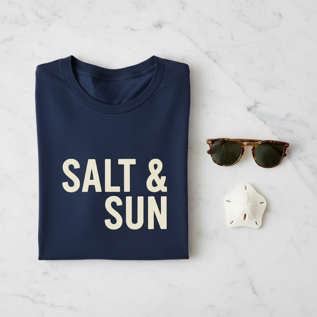 Flat lay T-Shirt Salt & Sun lunettes marbre