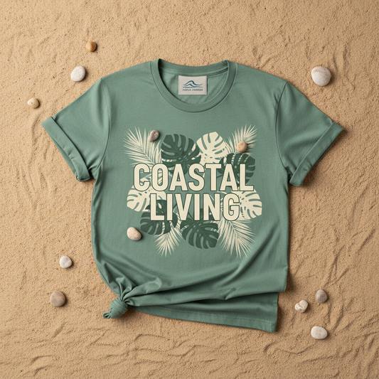 Flat lay T-Shirt Coastal Living fond sable feuilles tropicales