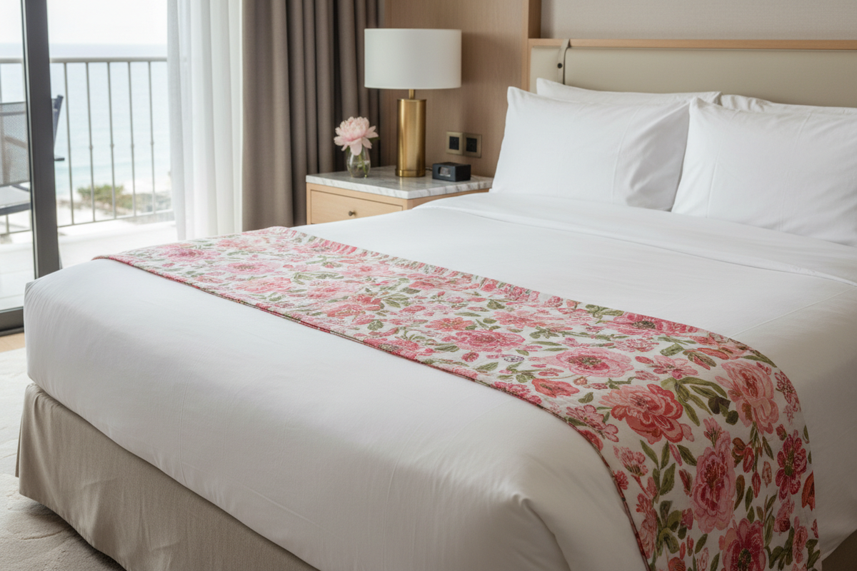Serviette Floral Bloom pliée sur lit blanc d'hôtel