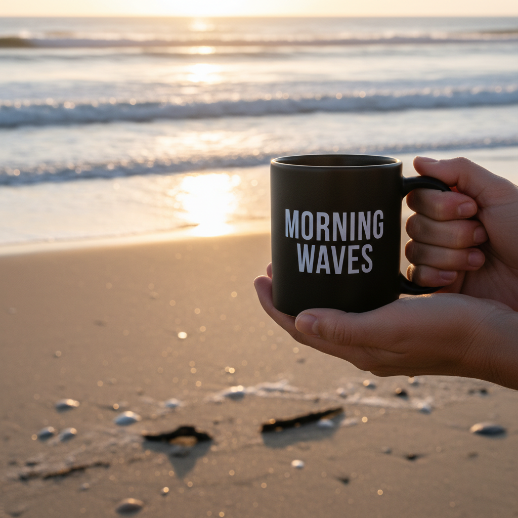 Mug Morning Waves tenu à la plage lever de soleil