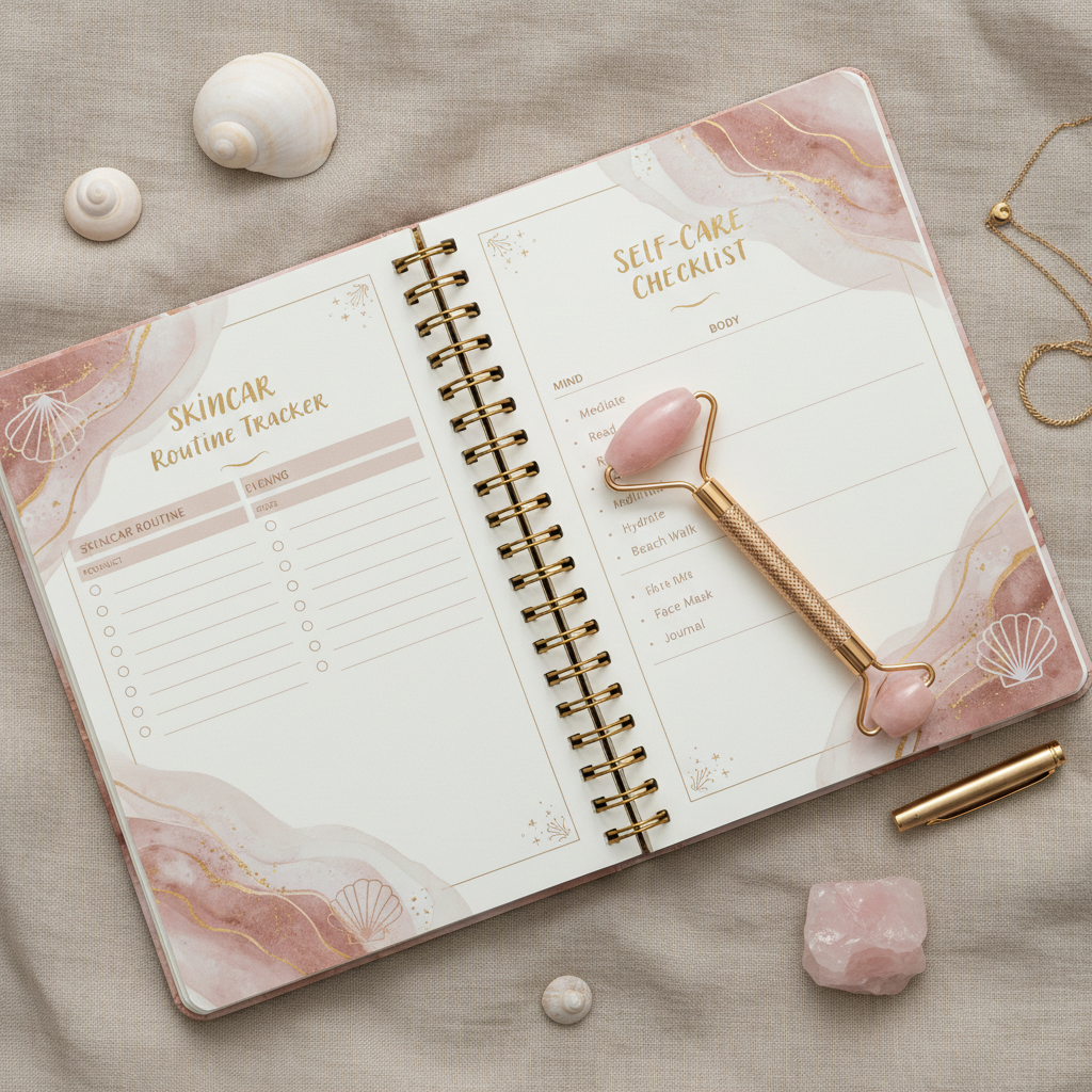 Coastal Self-Care Beauty Planner - Pages ouvertes flat lay