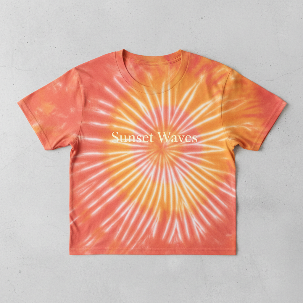Flat lay T-Shirt Tie-Dye Sunset Waves corail fond gris