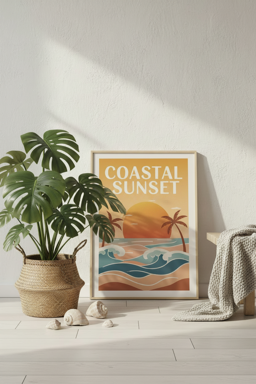 Poster Coastal Sunset illustré or ambre